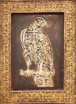 ZOOMORPHIC CALLIGRAPHIC PANEL, carved wood and metal depicting an eagle, 122cm x 90cm.