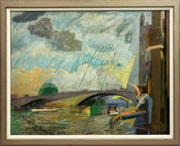 CONSTANCE FENN RCA NEAC (1933-2001) 'Putney Bridge', oil on board, 58cm, signed, framed.