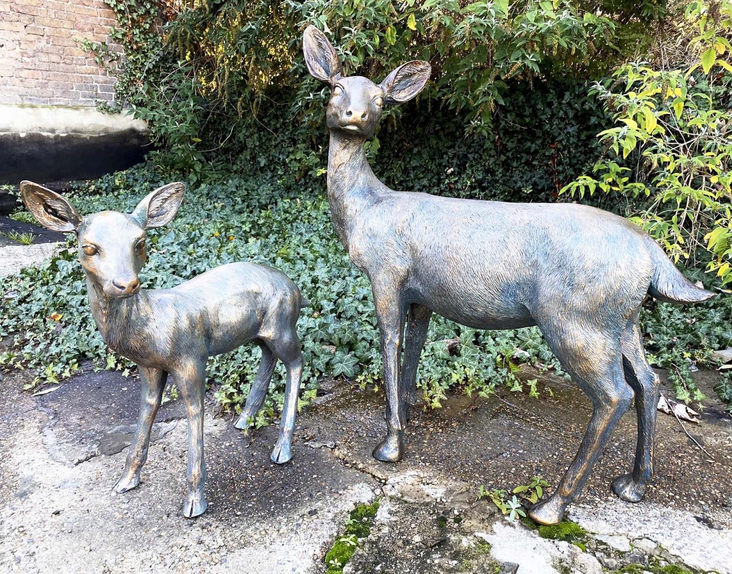 CONTEMPORARY SCHOOL SCULPTURAL STUDIES, a set of two, depicting a Doe and Fawn, resin, in a