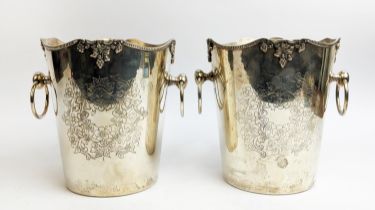 CHAMPAGNE BUCKETS, a pair, silver plated, of twin handled form, engraved and embossed grapevine