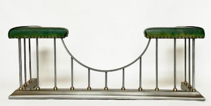 CLUB FENDER, vintage steel with studded green leather seat pads raised upon shaped balustrade
