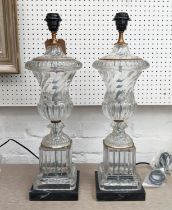 TABLE LAMPS, 58cm H, a pair, in the classical style, glass, black marble bases.