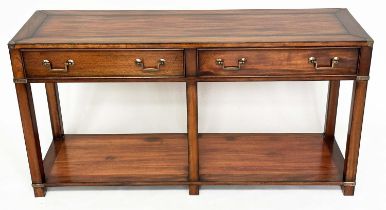 HALL TABLE, Campaign style teak and brass bound with two drawers and undertier, 137cm x 69cm H x