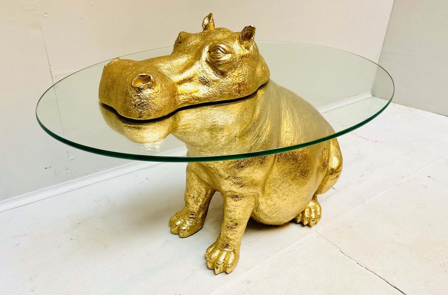 HIPPOPOTAMUS LOW TABLE, gilt resin, glass top, 60cm x 45cm x 50cm. - Image 3 of 5