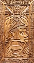 PEPE ADRAS, South American carved panel depicting figure with headdress, 77cm H x 42cm.