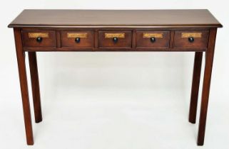 HALL TABLE, 19th century design mahogany with five pharmacy style drawers and square supports, 110cm