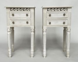 BEDSIDE CHESTS, a pair, French traditionally grey painted each with two drawers and pierced