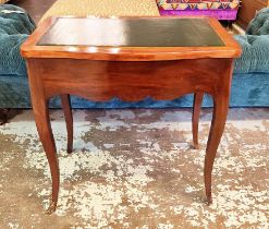 SIDE TABLE, 19th century French, with leather top and two drawers, ormolu mount to feet, 69cm H x