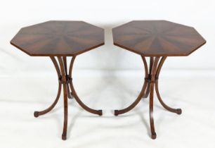 SIDE TABLES, 72cm H x 61cm W, a pair, Regency style octagonal mahogany with segmented tops and
