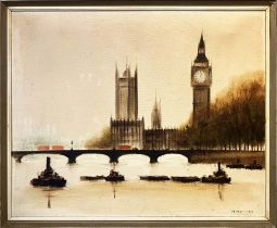 H MANN, 'Westminster from the Thames', oil on canvas, 65cm x 80cm, signed and dated 1972, framed.