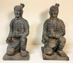 TERRACOTTA WARRIOR STYLE STATUES, a pair, kneeling position, cast resin, 76cm high, 34cm wide. (2)
