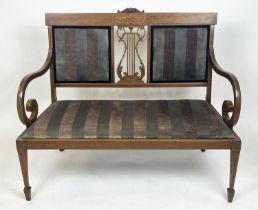 HALL BENCH, Edwardian mahogany and inlaid with lyre back, scroll arms and striped upholstery,