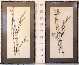 RONG YUAN, 'Birds and bamboo', a pair, woodblock, 80cm x 35cm, framed. (2)