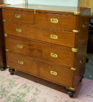 CAMPAIGN CHEST, 102cm H x 103cm x 44cm, Victorian mahogany and brass bound in two parts with five