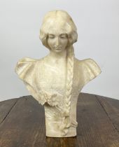 BUST, Victorian alabaster of a ponytailed lady, 36cm H x 26cm.