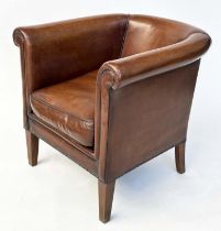 LIBRARY ARMCHAIR, tub form mid brown natural leather upholstered with rounded back and arms and