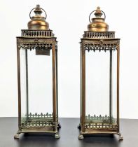 HANGING STORM LANTERNS, 55cm high, 31cm wide, pair, coppered, square sectioned, glazed sides. (2)
