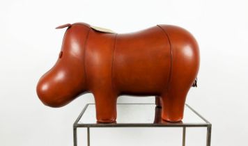 HIPPOPOTAMUS FOOTSTOOL, tan leather, 41cm high, 70cm wide, 31cm deep.