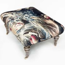 HEARTH STOOL, rectangular tapestry style printed linen raised upon turned tapering bleached oak