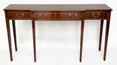 HALL/CONSOLE TABLE, George III design mahogany and boxwood lined of breakfront form will three