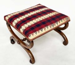 KELIM HEARTH STOOL, 19th century walnut square with X frame carved support and Jajim Kelim (South