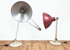 INDUSTRIAL STYLE LAMPS, a pair, mid 20th century metal with red shades, adjustable, shades each 34cm