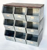 STACKING STORAGE TRAYS, a set of nine galvanised open trays/bins with fitted work bench top, 88cm