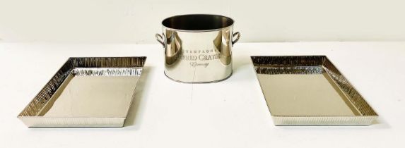 CHAMPAGNE COOLER, 18cm high, and two gallery edged trays, 34cm x 28cm, all polished metal. (3)