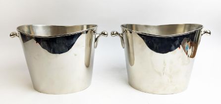 CHAMPAGNE BUCKETS, a pair, of twin handled form, contemporary design, silver plated, 21cm H x 35cm x