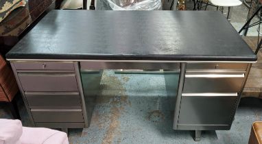 DESK, 20th century polished metal, with leatherette top, 150cm x 80cm x 80cm H.