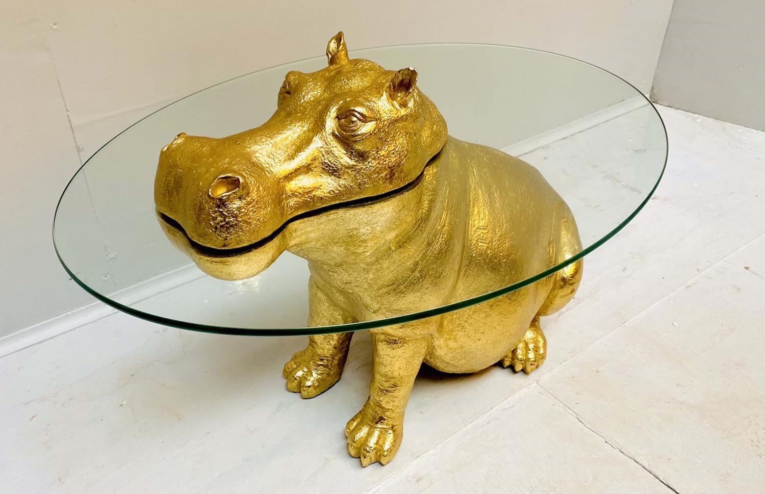 HIPPOPOTAMUS LOW TABLE, gilt resin, glass top, 60cm x 45cm x 50cm. - Image 4 of 5