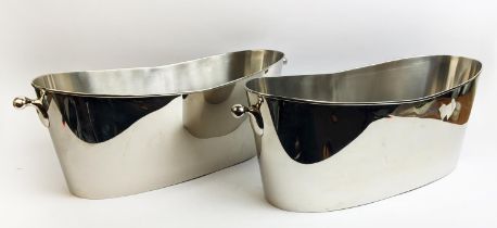 CHAMPAGNE BUCKETS, a pair, silver plated, of twin handled form, contemporary design, large size 21cm