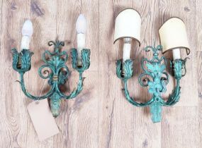 WALL LIGHTS, 25cm wide, 34cm high, a pair, each two branch, toleware style, one with two shades. (2)