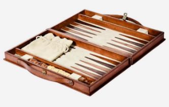 BACKGAMMON SET, leathered case, 7cm x 24cm x 40cm.