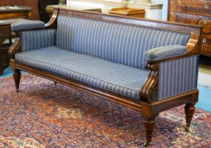 SOFA, 90cm H x 207cm x 65cm, William IV mahogany in striped blue fabric with squab cushion on