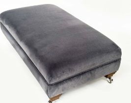 HEARTH STOOL, rectangular grey piped velvet upholstered with shaped feet and castors, Edward