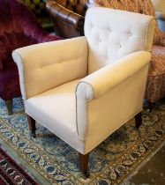 ARMCHAIR, 88cm H x 78cm, late Victorian mahogany, circa 1890, in cream fabric on ceramic castors.