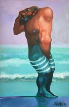 WILLIAM NEAL MCPHEETERS (B.1939, USA), 'Figure on a beach', oil on canvas laid on board, 91cms x