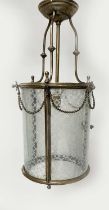 HALL LANTERN, early 20th century brass cylindrical with door and glazed and frosted panels and brass