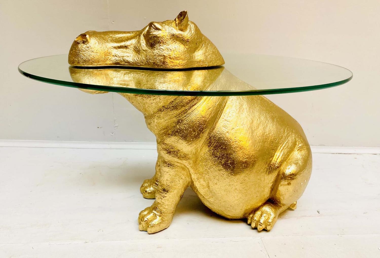 HIPPOPOTAMUS LOW TABLE, gilt resin, glass top, 60cm x 45cm x 50cm. - Image 2 of 5