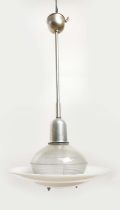 HOLOPHANE PENDANT LAMP, opaline and aluminium glass space age UFO light, 1950's, 98cm H x 50 cm D