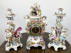 DRESDEN CLOCK GARNITURE, 19th century Rococo style with figural and foliate modelling comprising