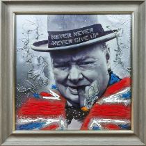 CONTEMPORARY SCHOOL PRINT, portrait of Window Churchill, relief detail, framed and glazed, 86cm