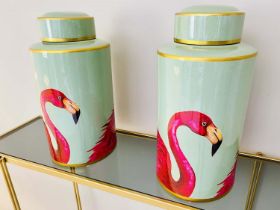 GINGER JARS, a pair, 40cm H x 20cm diam., glazed ceramic, with flamingo design. (2)