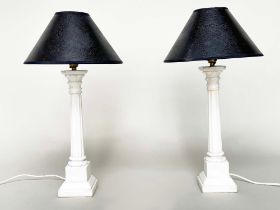 ALABASTER TABLE LAMPS, a pair, tapering reeded column and stepped plinth bases with shades, 60cm