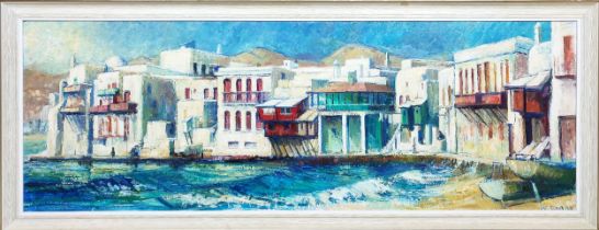 WILLIAM GENGE, 'Mykonos, Mikri Venetia', oil on board, 41cm x 120cm, signed label verso, framed.