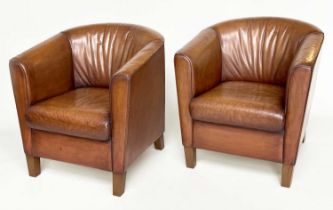 TUB ARMCHAIRS BY WITTMANN OF AUSTRIA, a pair, mid brown soft tan leather with arched back and