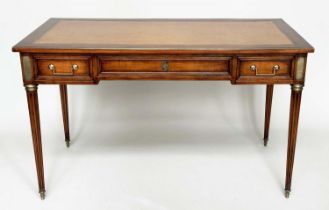 BUREAU PLAT, early 20th century French Directoire style mahogany and brass bound with tooled leather