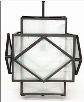 HALL LANTERNS, a pair, Art deco style, metal framed and frosted glass, 73cm H x 50cm. (2)