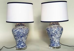 TABLE LAMPS, a pair, Chinese fern blue and white ceramic of lidded vase form with lucite bases and